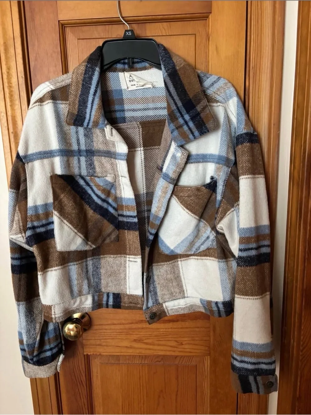 Plaid Cropped Jean Jacket in Blue, Brown & Cream - Women’s Jacket